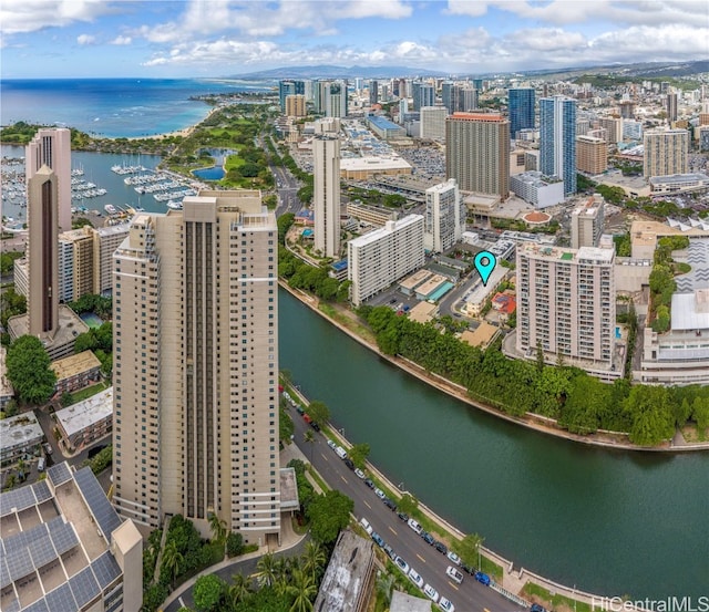 drone / aerial view with a water view