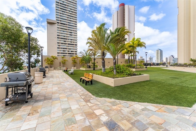 view of community with a patio area and a lawn