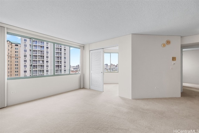 empty room with light carpet and a textured ceiling