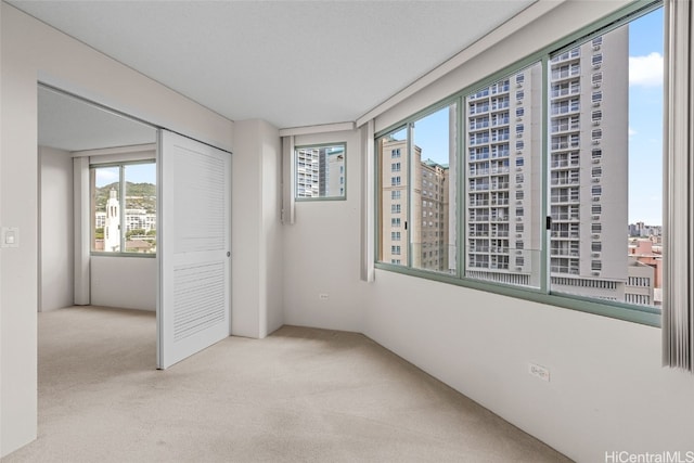 unfurnished bedroom featuring light colored carpet and a closet