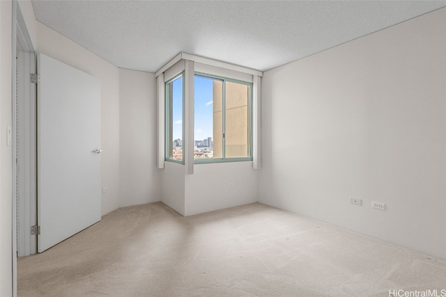 spare room featuring a textured ceiling and light colored carpet