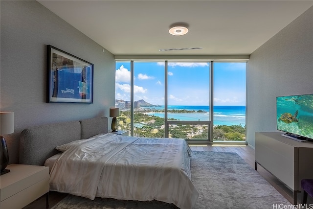 bedroom with light hardwood / wood-style floors and a wall of windows