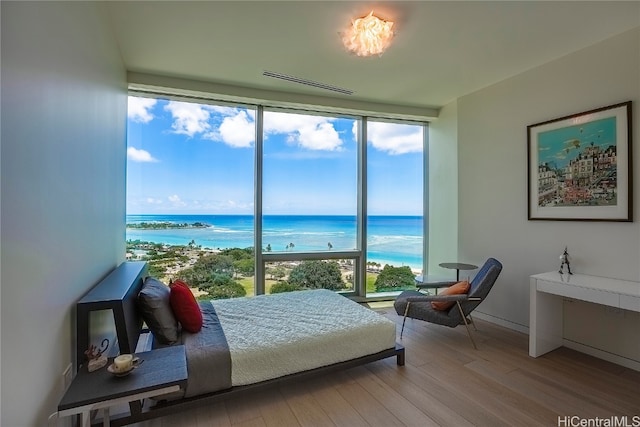 bedroom with light hardwood / wood-style floors, multiple windows, and a water view