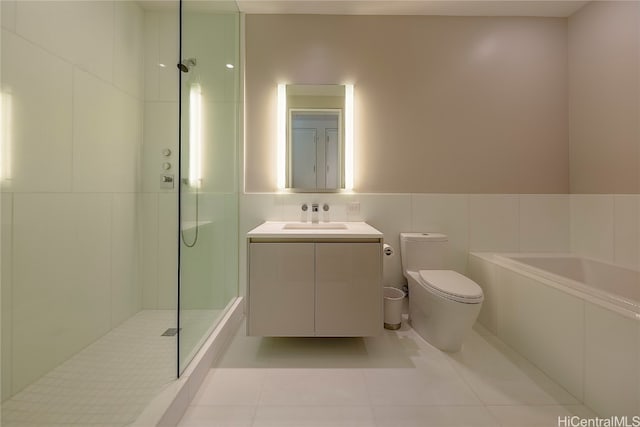 full bathroom with vanity, plus walk in shower, toilet, and tile patterned floors