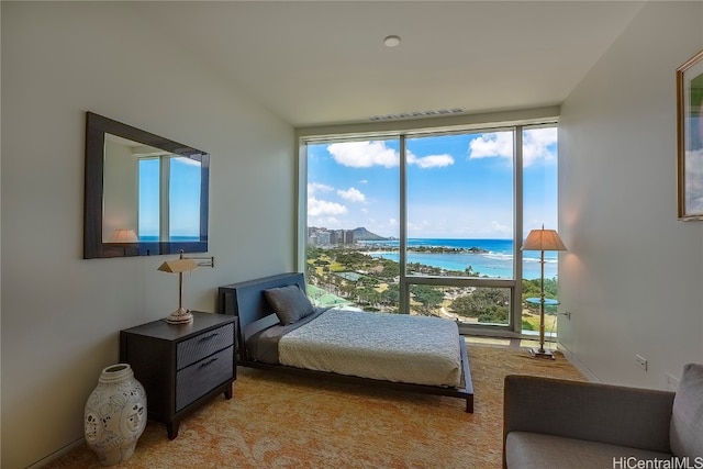 bedroom with light carpet, multiple windows, and a water view