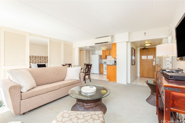 living room with light tile patterned flooring and a wall unit AC