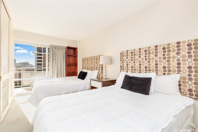 bedroom featuring carpet flooring and a closet