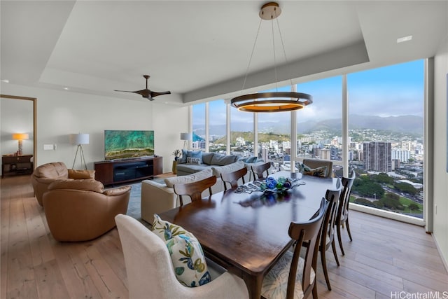 dining space featuring light hardwood / wood-style floors, expansive windows, a tray ceiling, and ceiling fan