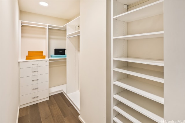 walk in closet with dark hardwood / wood-style floors