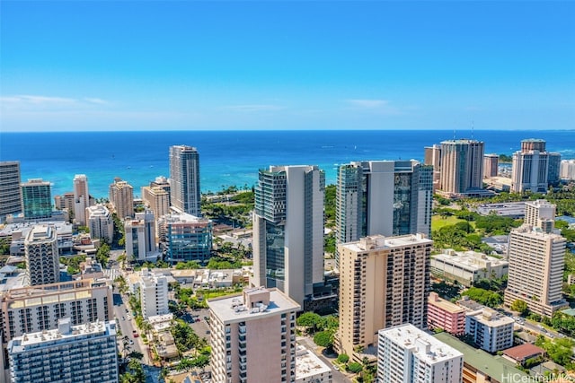 drone / aerial view featuring a water view