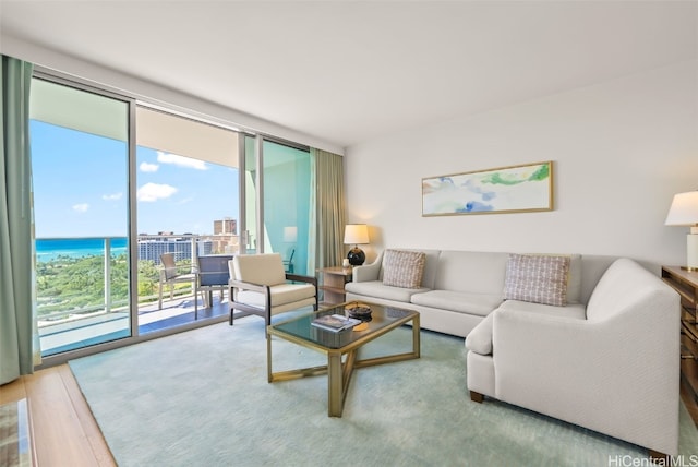 living room with a water view, floor to ceiling windows, plenty of natural light, and hardwood / wood-style floors