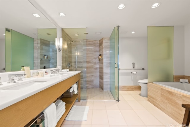 full bathroom featuring vanity, toilet, tile patterned floors, and plus walk in shower