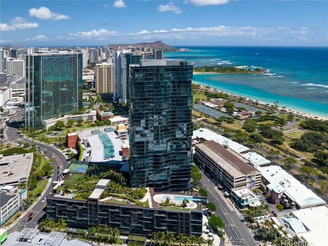 drone / aerial view with a water view