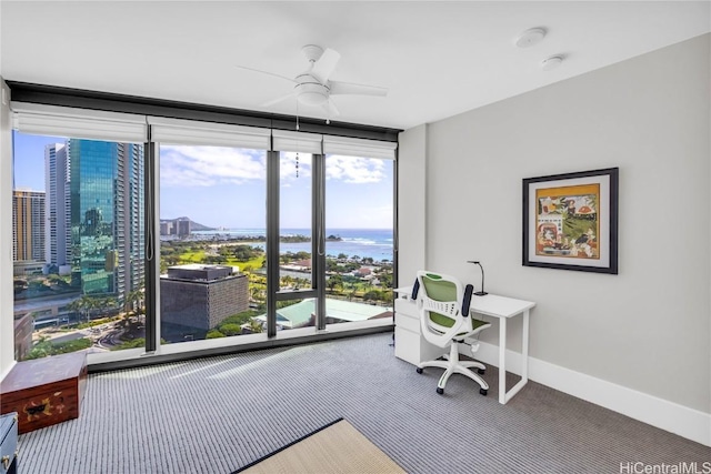 home office with a wall of windows, ceiling fan, and carpet