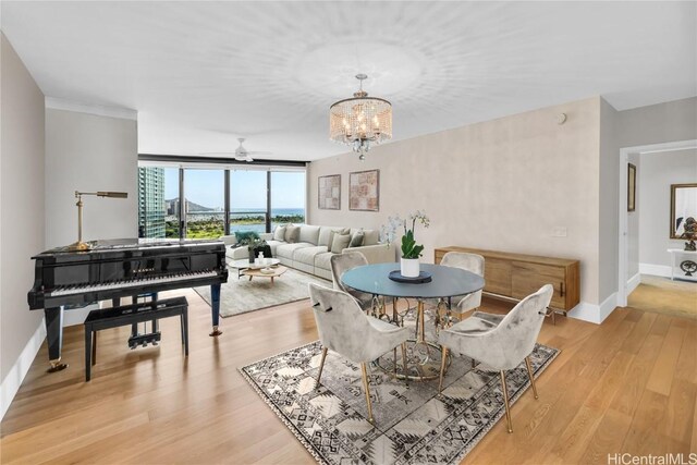 dining room with light hardwood / wood-style flooring and ceiling fan with notable chandelier