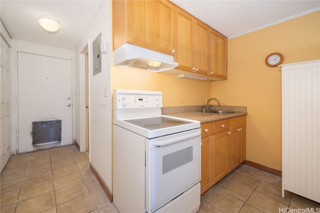 kitchen with a textured ceiling, sink, light tile patterned floors, and electric stove