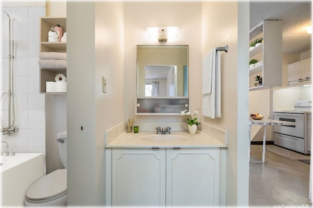 bathroom featuring vanity, a textured ceiling, and toilet