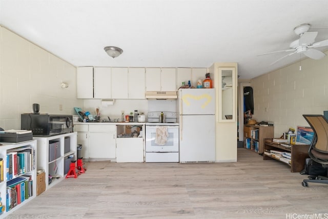 kitchen with ceiling fan, white appliances, light hardwood / wood-style floors, and white cabinets