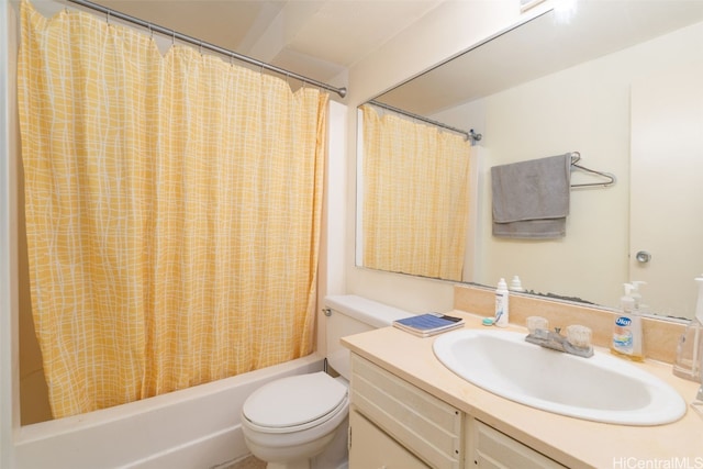 full bathroom with toilet, shower / tub combo, and vanity