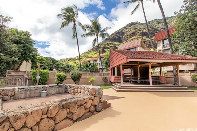 view of patio with a mountain view