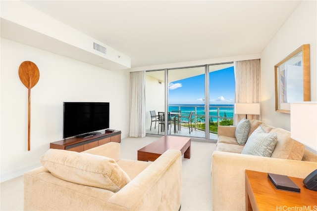 living room featuring light colored carpet