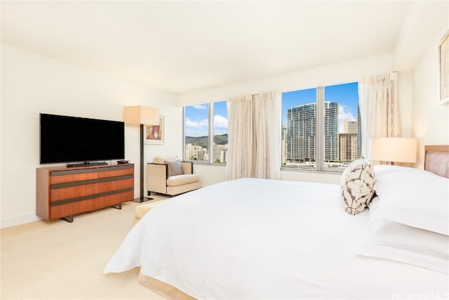 bedroom with light colored carpet