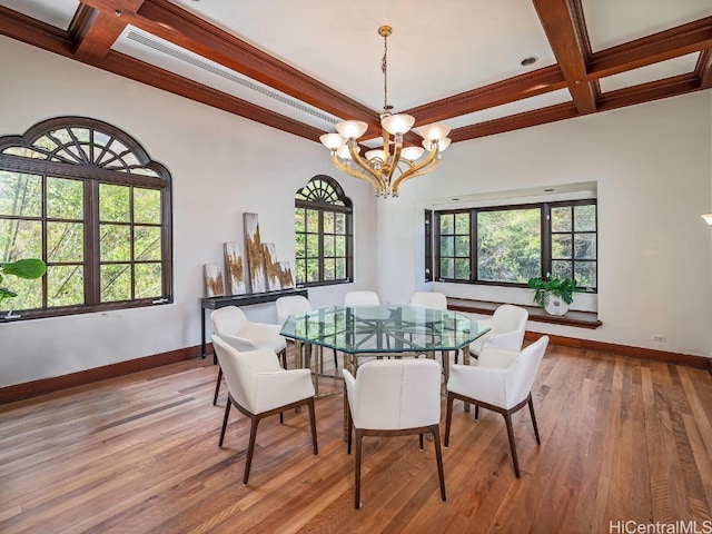 dining room featuring hardwood / wood-style floors, coffered ceiling, and plenty of natural light