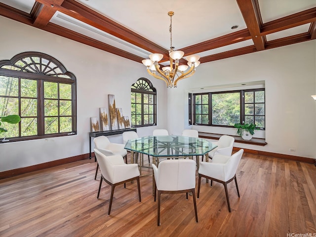 2999 Makalei Pl, Honolulu, HI 96815 - dining area with coffered ceiling, baseboards, a chandelier, wood finished floors, and beamed ceiling