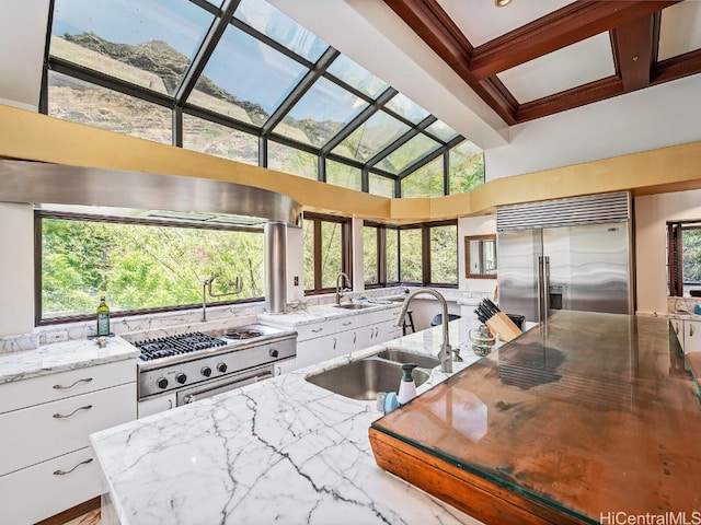 kitchen with sink, white cabinetry, light stone counters, and stainless steel appliances