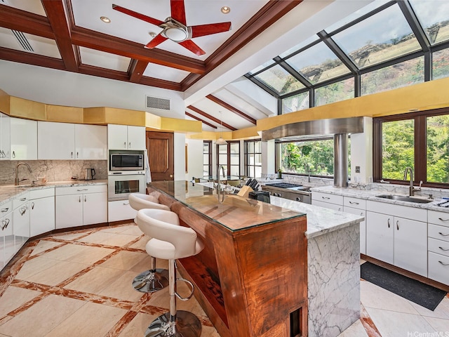 2999 Makalei Pl, Honolulu, HI 96815 - kitchen with a sink, stainless steel microwave, oven, ceiling fan, and a towering ceiling