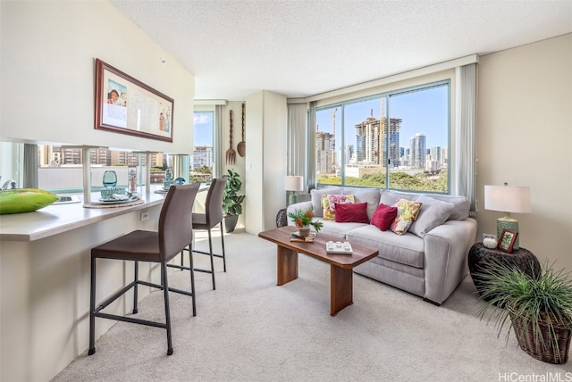 living room with light colored carpet and a textured ceiling