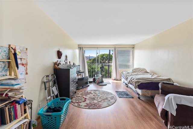 bedroom with access to outside and wood-type flooring