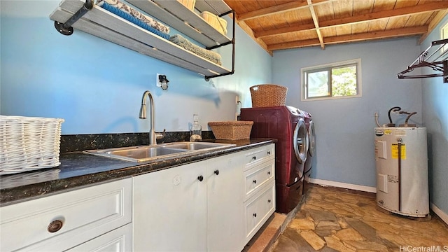 84-879 Moua St, Waianae, HI 96792 - laundry area with sink, wood ceiling, cabinets, washer and dryer, and water heater