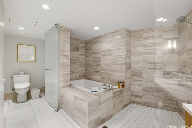 full bathroom featuring toilet, plus walk in shower, vanity, and tile patterned flooring