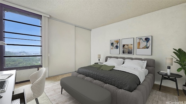 bedroom featuring a closet, a textured ceiling, and multiple windows