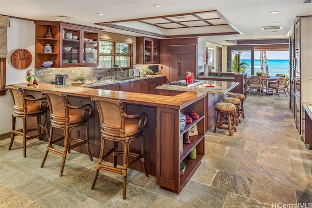 bar with a water view, tasteful backsplash, paneled built in fridge, and a wealth of natural light