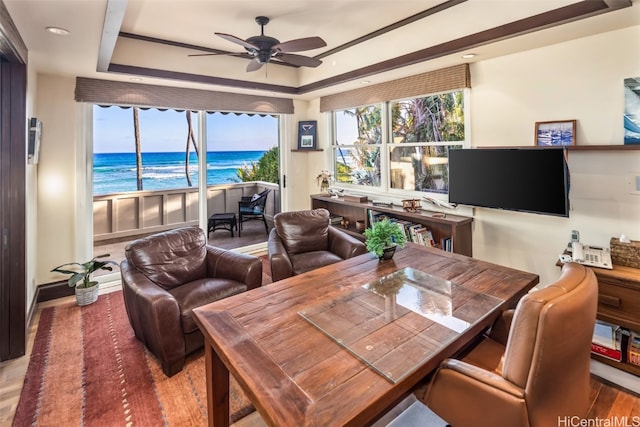 dining area with hardwood / wood-style flooring, a raised ceiling, and ceiling fan