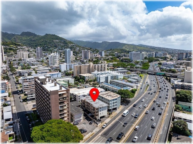 bird's eye view with a mountain view