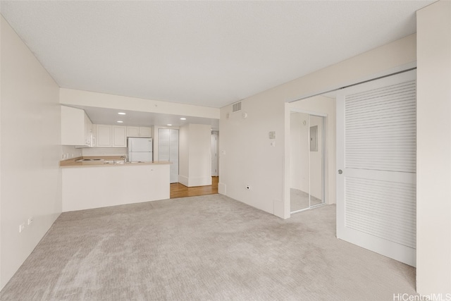 unfurnished living room featuring light colored carpet