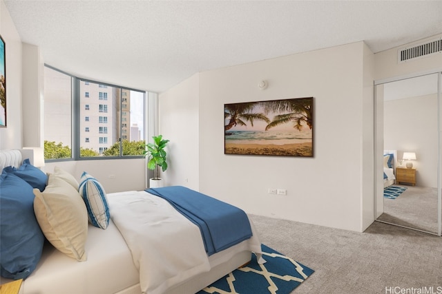 bedroom featuring carpet, a textured ceiling, and a closet