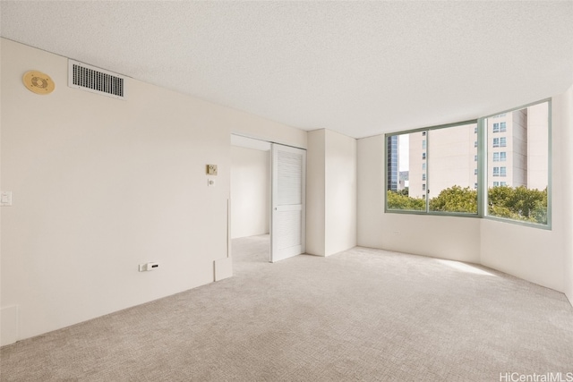 spare room featuring light colored carpet and a textured ceiling