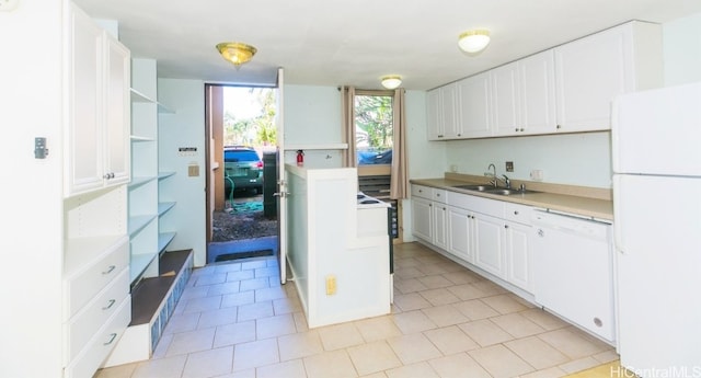 kitchen with sink, white cabinetry, and white appliances