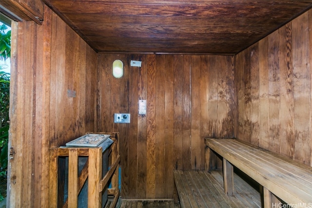 view of sauna / steam room featuring wooden walls and wooden ceiling