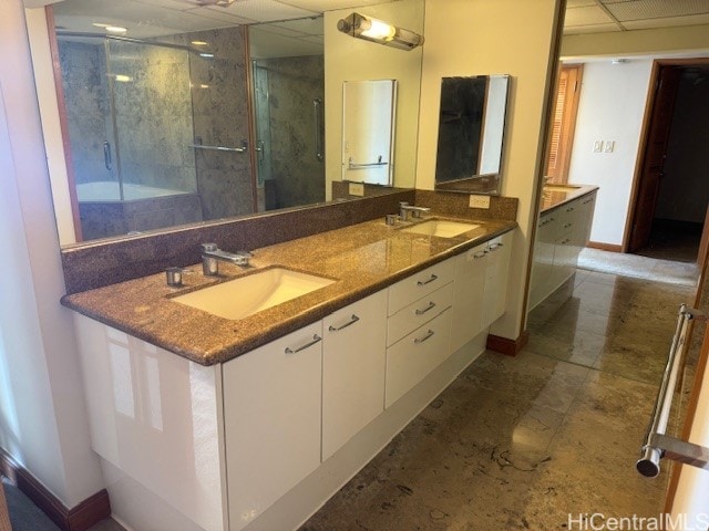 bathroom with a shower with door, a drop ceiling, and vanity