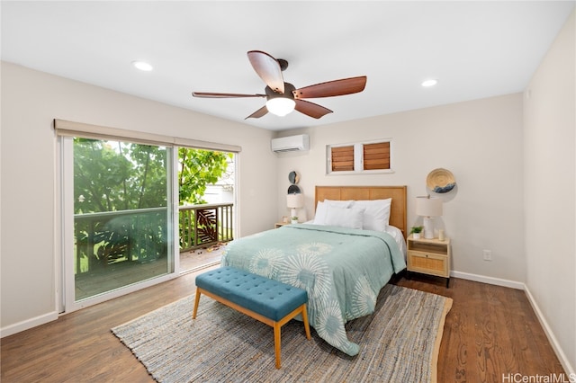 bedroom featuring dark wood-type flooring, ceiling fan, access to outside, and a wall unit AC