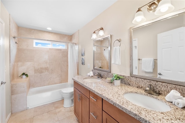 full bathroom featuring vanity, shower / tub combo, toilet, and tile patterned flooring