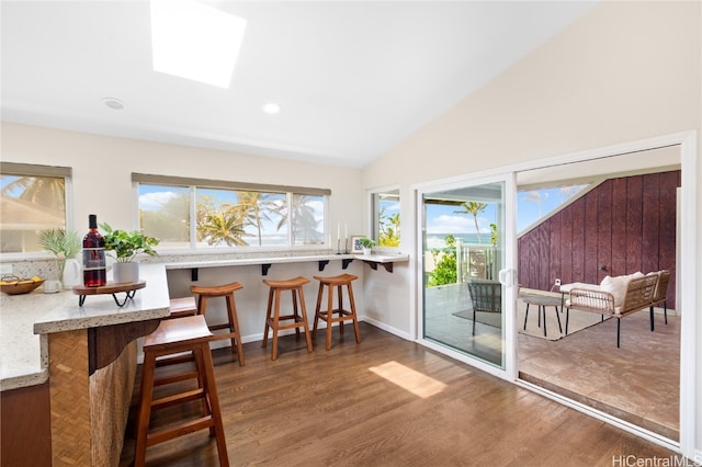 interior space with a skylight, a healthy amount of sunlight, dark wood-type flooring, and a kitchen bar