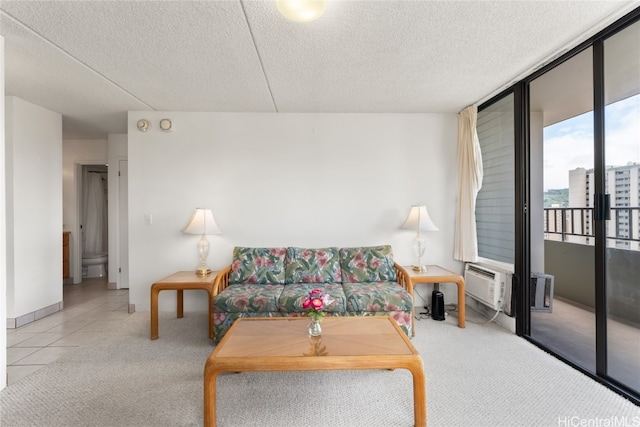 living room featuring a textured ceiling and light colored carpet