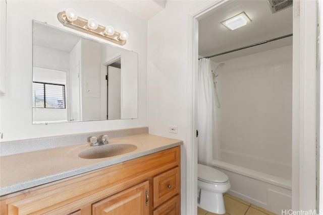 full bathroom featuring toilet, tile patterned floors, shower / bath combo, and vanity