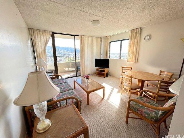 sitting room with floor to ceiling windows, a textured ceiling, and carpet flooring